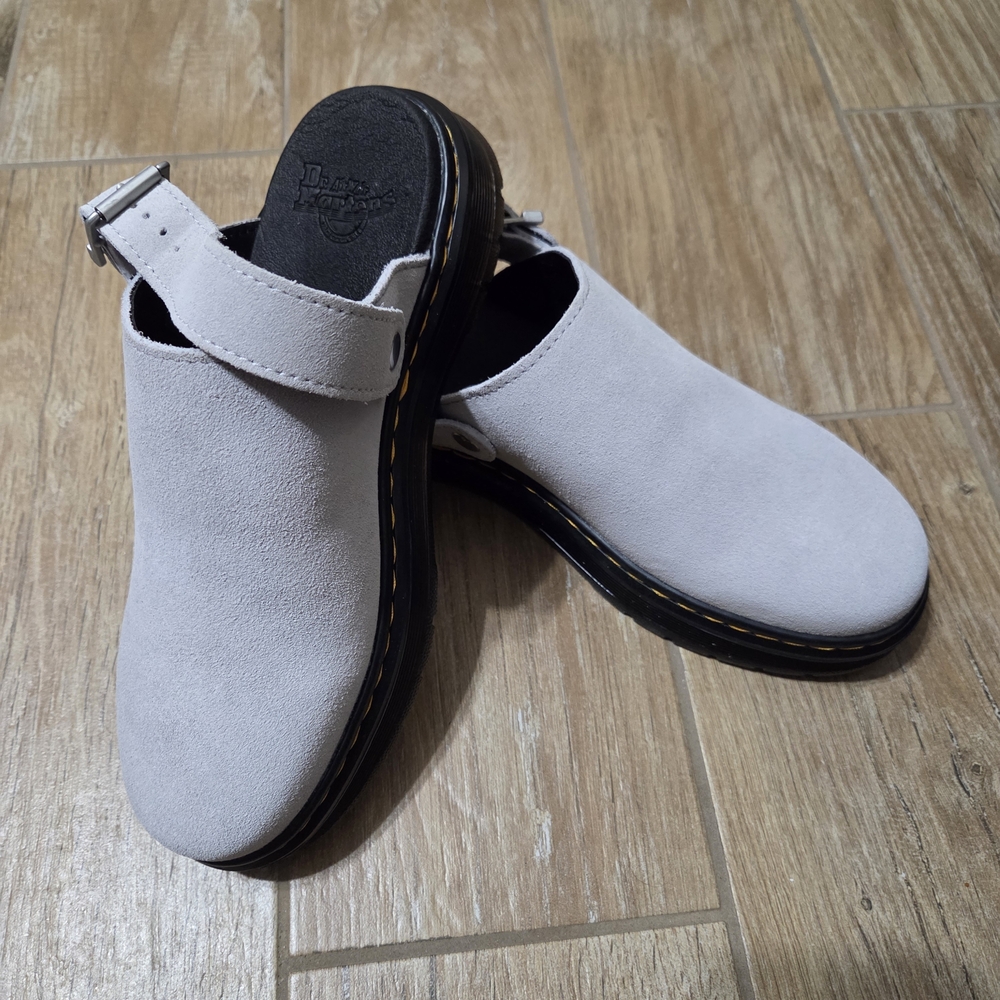 Dr. Martens Brookline Mule Taupe Suede Clogs Buckle Women 9 Men 8 NWOT